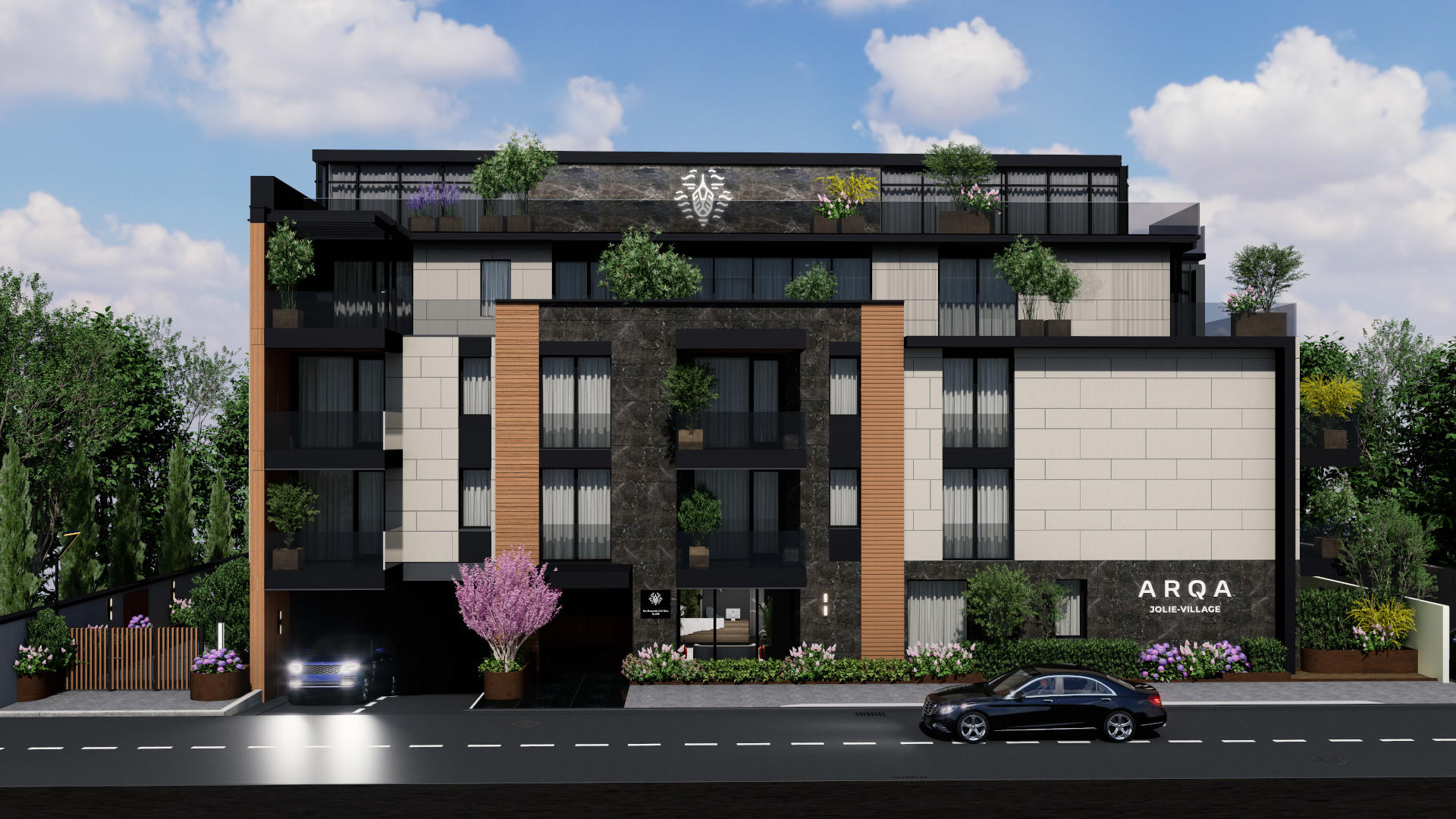 Ansamblul rezidențial ARQA Jolie Village, vedere exterioară cu arhitectură modernă, spații verzi și piscină în zona Erou Iancu Nicolae.